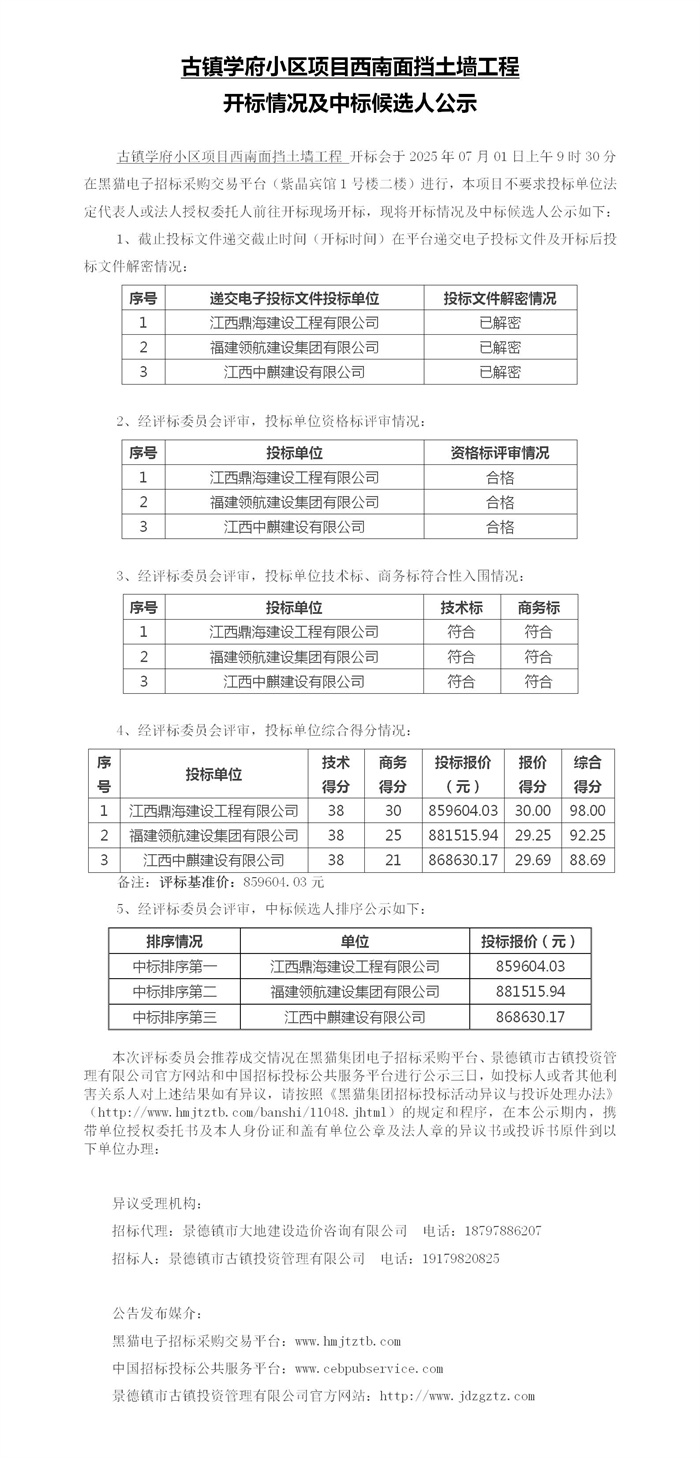 古鎮(zhèn)學(xué)府小區(qū)項(xiàng)目西南面擋土墻工程開標(biāo)情況及中標(biāo)候選人公示